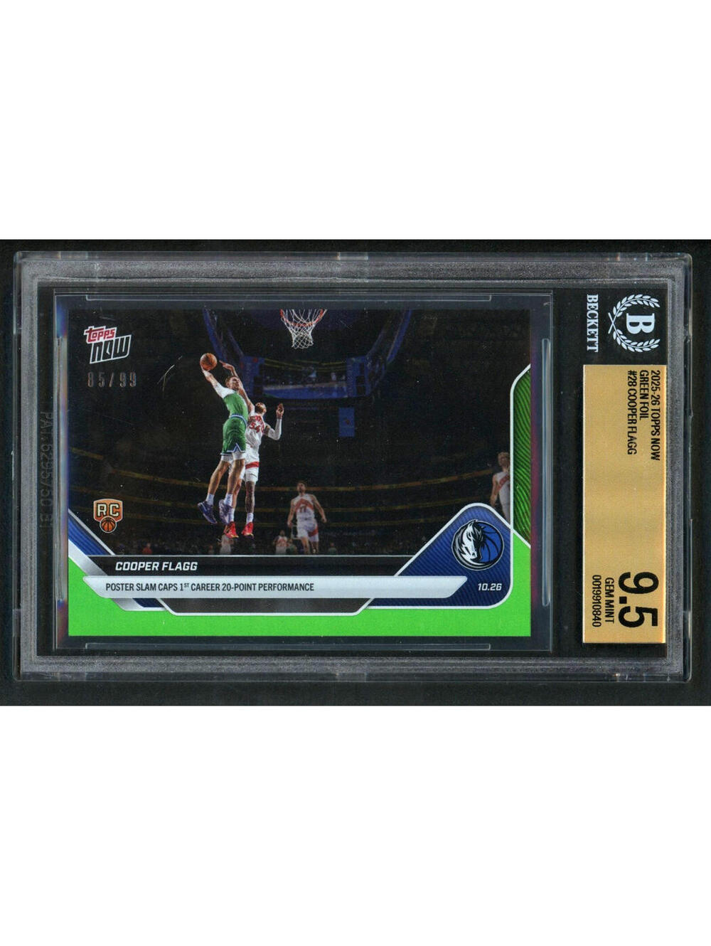 2025 Topps Now NBA #28 Cooper Flagg Green Foil /99 Rookie (RC) BGS 9.5 Gem Mint